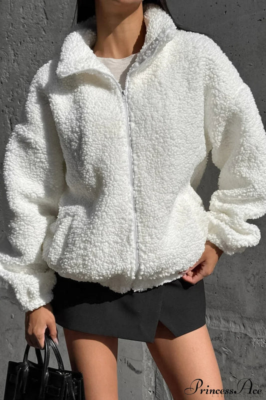 White Fleece Collared Warm Commute Coat White / S