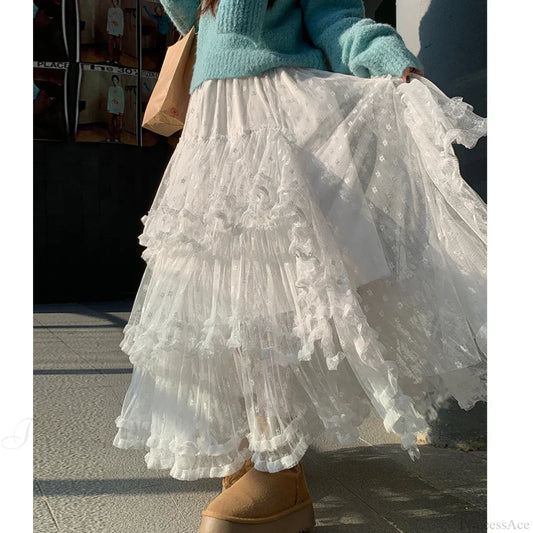 White Floral Tulle Floor-Length Skirt skirts-250223