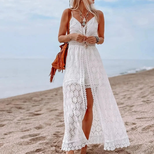 White Hollow Out Lace Strapless Sexy Split Midi Boho Dress White / XS bohodress-250126