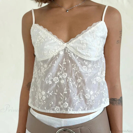 White Jacquard Floral Lace Trim V Neck Kawaii Fairycore 00s Y2K Camisole Crop Top WHITE / S croptop-250126