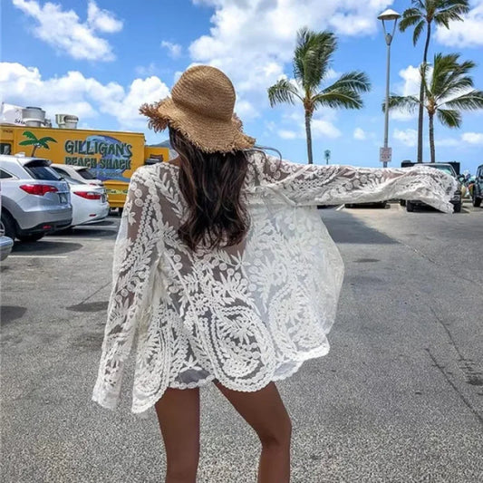 White Lace Kimono Boho Bikini Cover up bohocoverup-250126