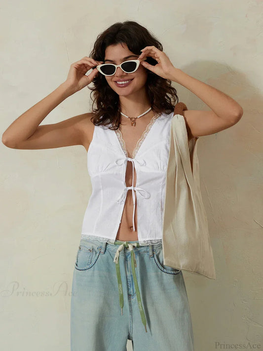 White Lace Tie-front V-neck Slim Sleeveless Crop Top croptop-250126