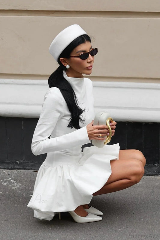 White Long Sleeve Bubble Hem Mini Dress