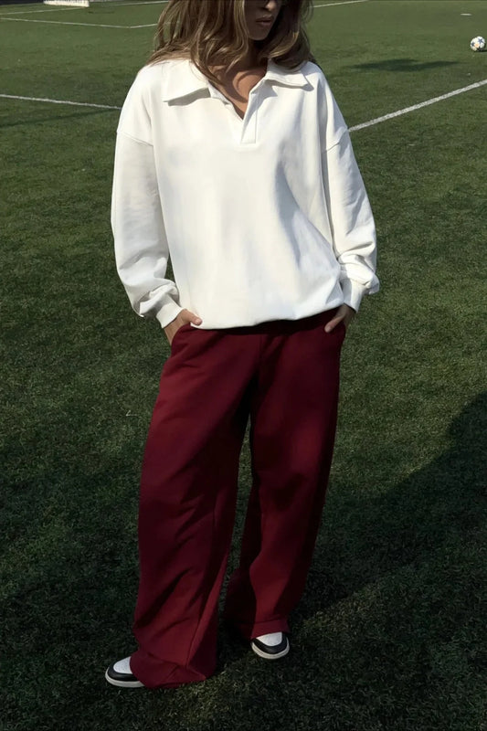 White Loose Top Elastic Red Pants Two Piece Set White / S