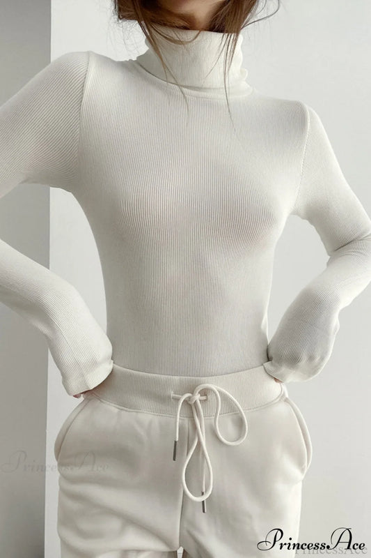 White Turtleneck Slim Knit Long Sleeve Tee