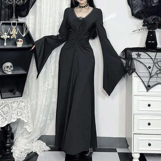 Wide Sleeve Sorceress Plunging Neckline Full-Length Gown Black / S
