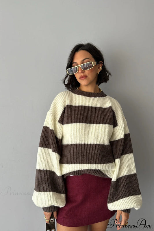 Wide Stripe Colorblock Oversized Crew Neck Pullover Sweater