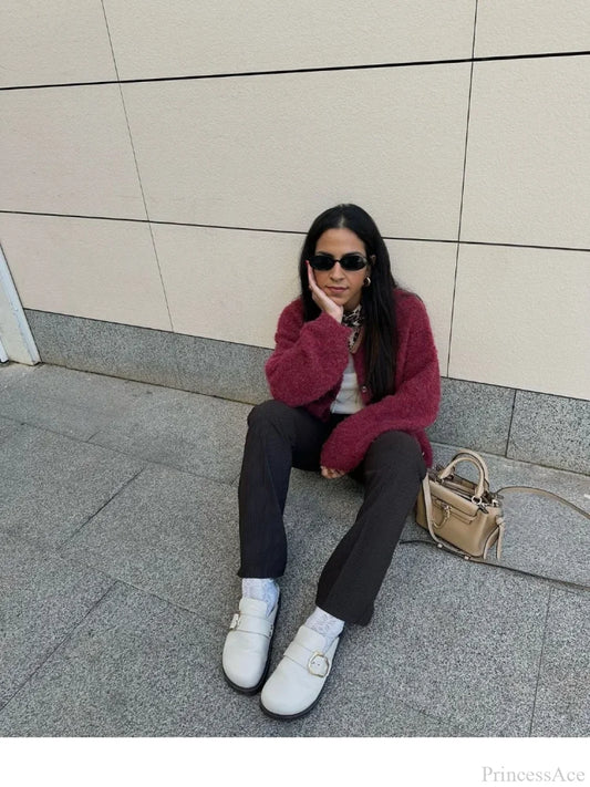 Wine Red Round Neck Button Cardigan