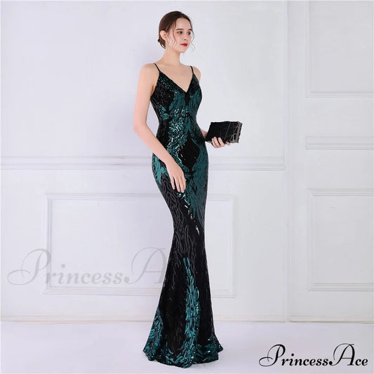 Wings Pattern Sequin Mesh Strappy Gown - Lady Occasions