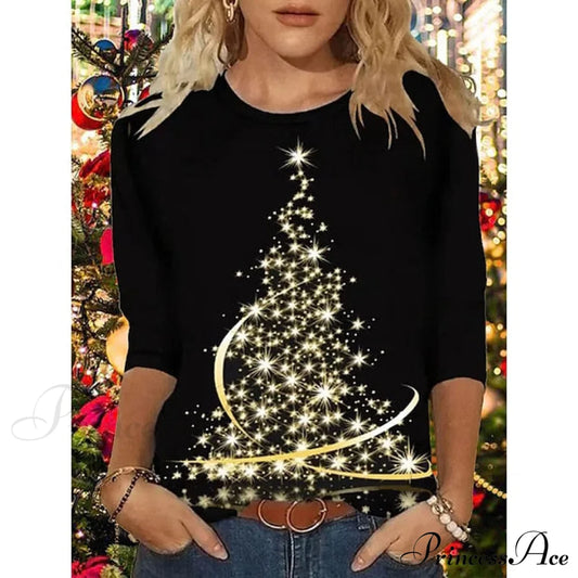 Women’s Design Neck Round Festive Long Red Flowered Peacock Green Arm Tree Christmas Casual Blue