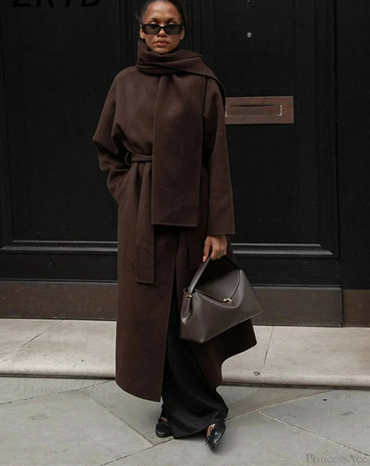 Women’s Scarf Collar Woolen Belted Overcoat