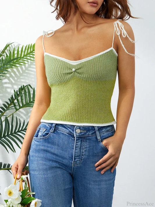 Wool Knitted Contrast Tie-up Spaghetti Strap 90s Crop Top GREEN / S croptop-250126