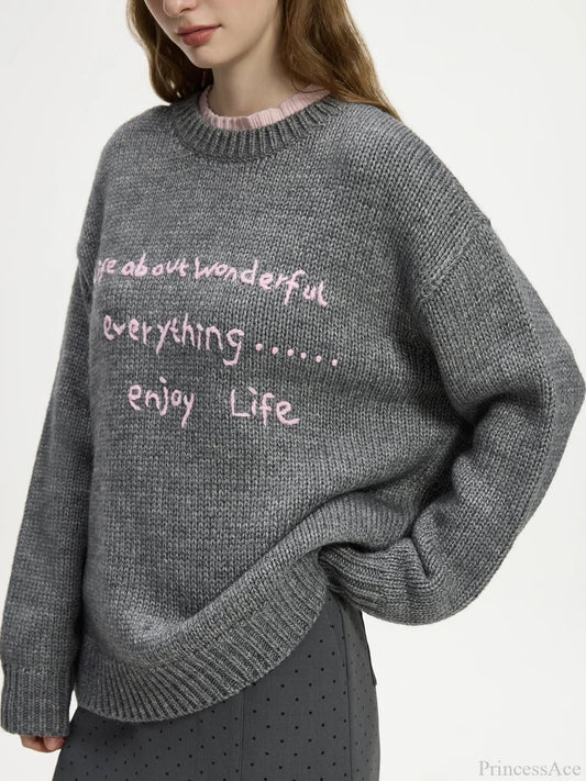 Wool Letter Embroidery Color Collision Sweater GRAY / XS