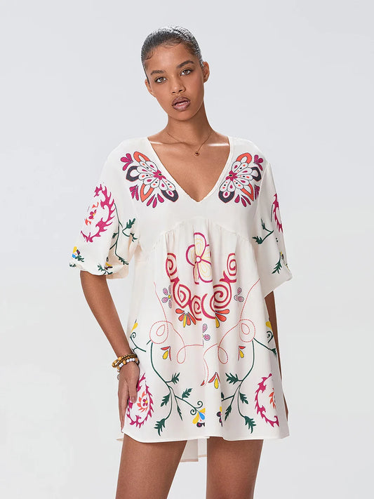 Loose Mini Beach Floral Dress for Vacation WHITE / S floraldress-250126