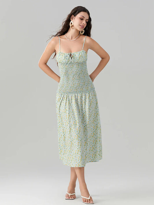 Floral Strawberry Camis Backless Tied Front Floral Dress GREEN / S floraldress-250126