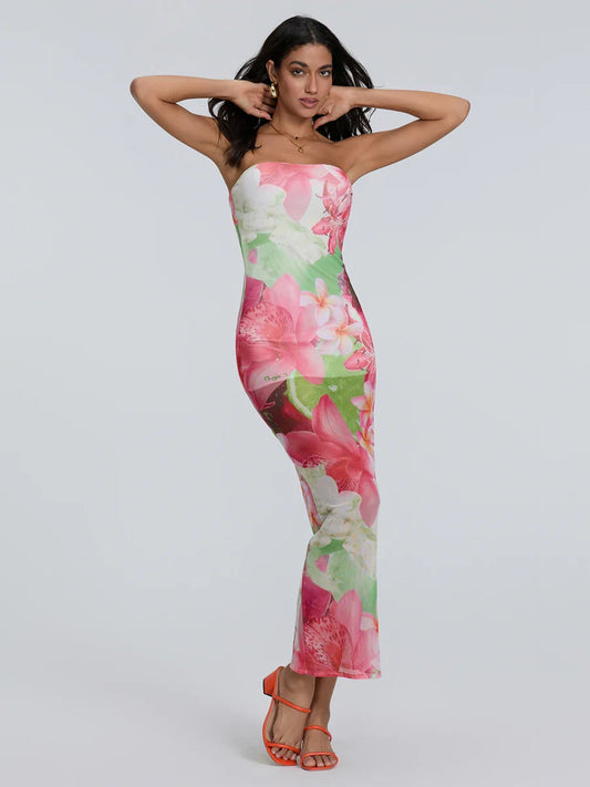 Sexy Strapless Bodycon Off-Shoulder Backless Sheath Floral Night Gown floraldress-250126