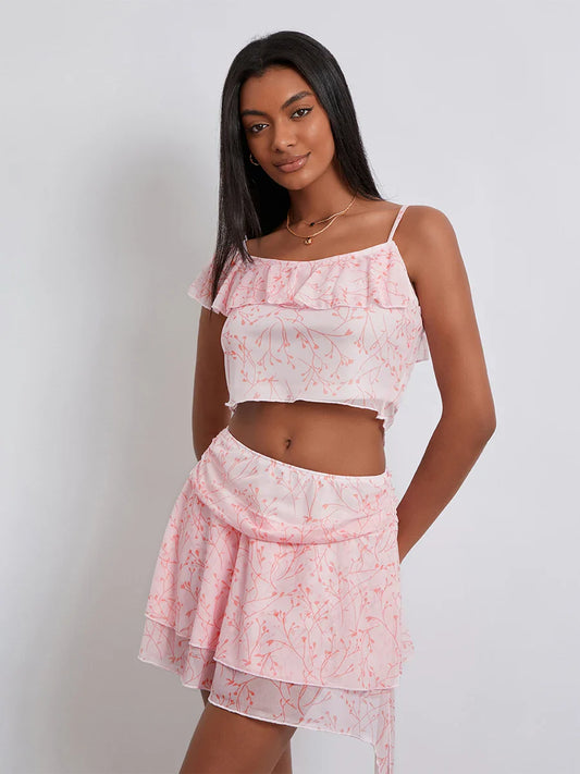 Floral Print Ruffle Sling Crop Cami Mini Skirt Floral Dress floraldress-250126