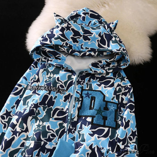 Y2K Hoodie Demon Streetwear Camouflage Up Embroidery Oversized Harajuku Zip Women