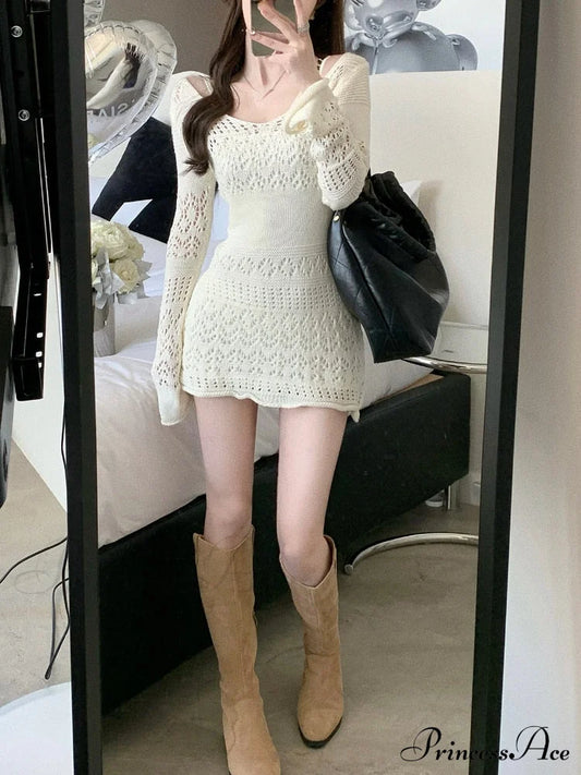 Y2K Sexy Gown Korea Mini Slim Brief Fashion Elegant Long Arm Lace Party Knitted Women Vintage