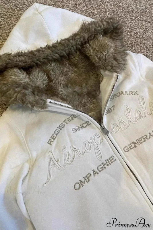 Y2K Solid Fleece Embroidered Letter Zip Hoodie