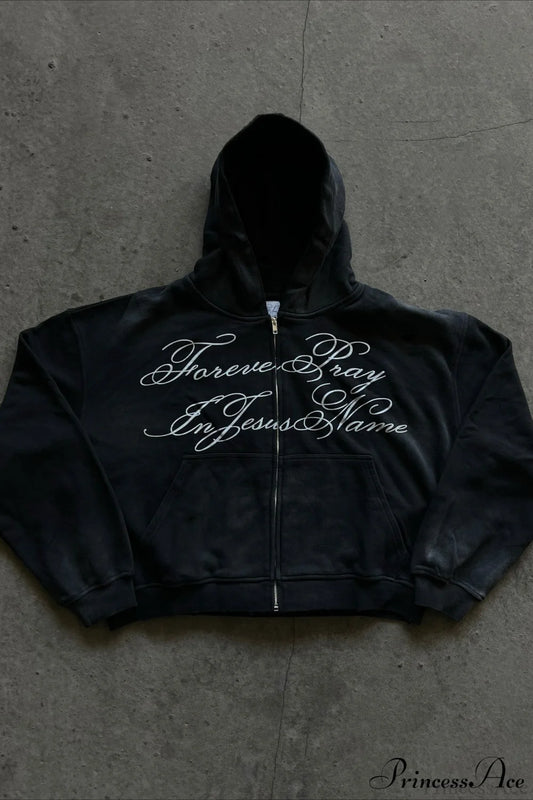 Y2K Street Dark Zip Stylish Hoodie Black / S