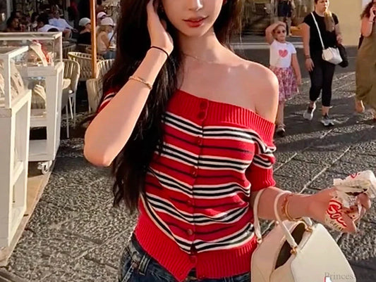 Y2K Striped Knitted Off Shoulder Button-front Sweater Knit Top Red / One Size knittop-250126