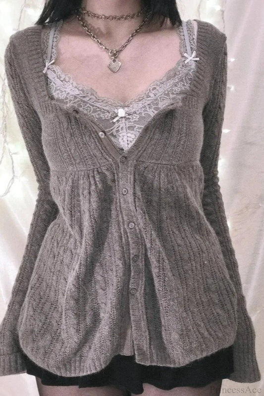 Y2K Sweet Square Neck Cable Knit Button Blouse Gray / S