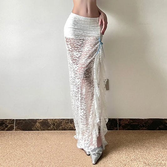 Y2K White Boho Floral Lace Low Waist Maxi Skirt skirt-250126