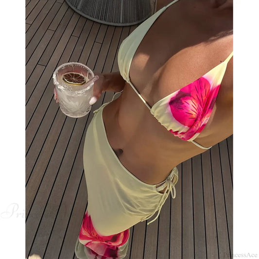 Yellow Floral Bikini Three Piece Swimsuit
