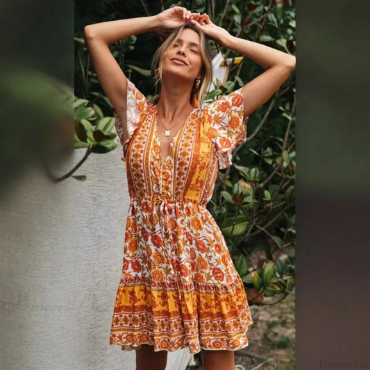 Yellow Floral Lace-up Rayon Boho Dress bohodress-250126