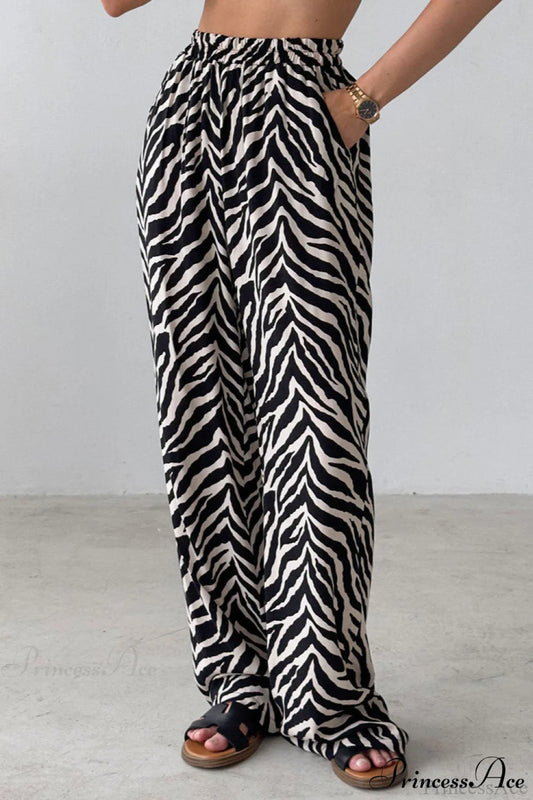 Zebra Print Loose Wide Leg Pants Black / S