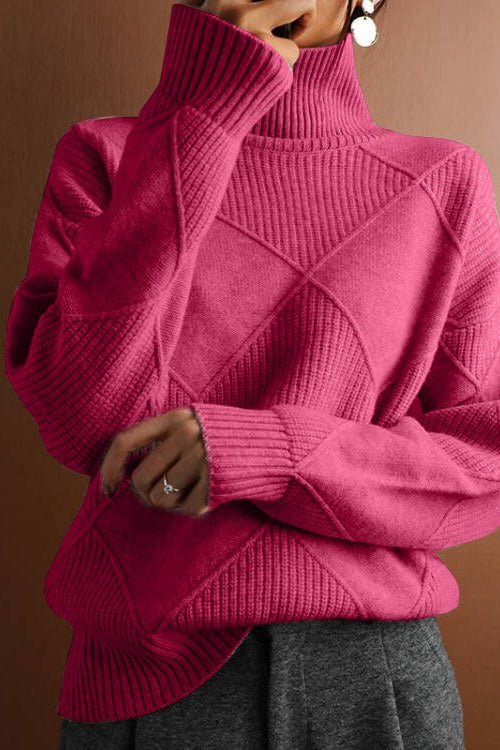 Textured Panel Turtleneck Pullover Knit Sweater