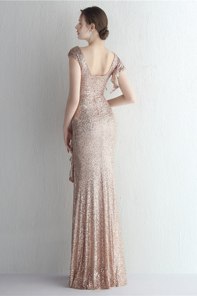 Glitter High Neck Mermaid Slit Formal Dress Gold / S