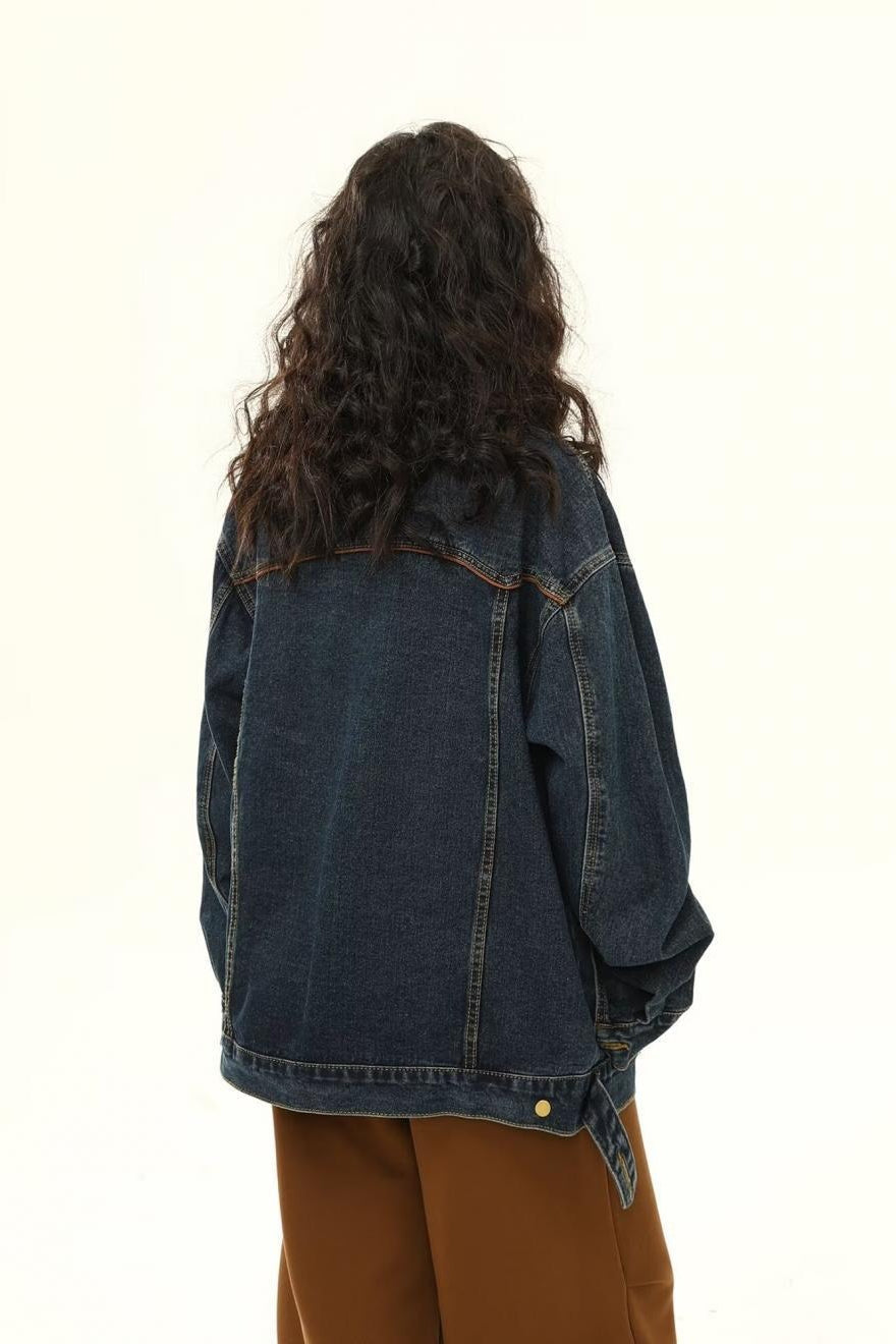 Vintage Embroidered Denim Loose Lapel Utility Jacket