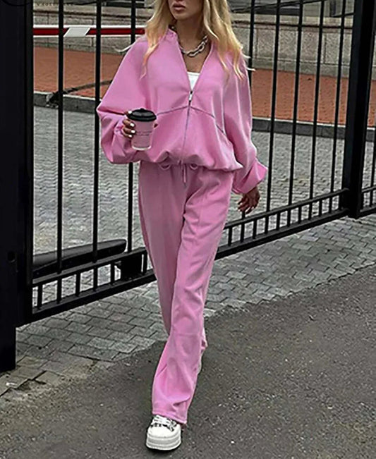 Ensemble de bureau deux pièces rose ample avec fermeture éclair et cordon de serrage