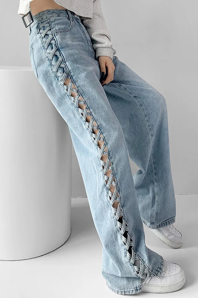Side Braided Cutout Wide Leg Jeans Light Blue / S