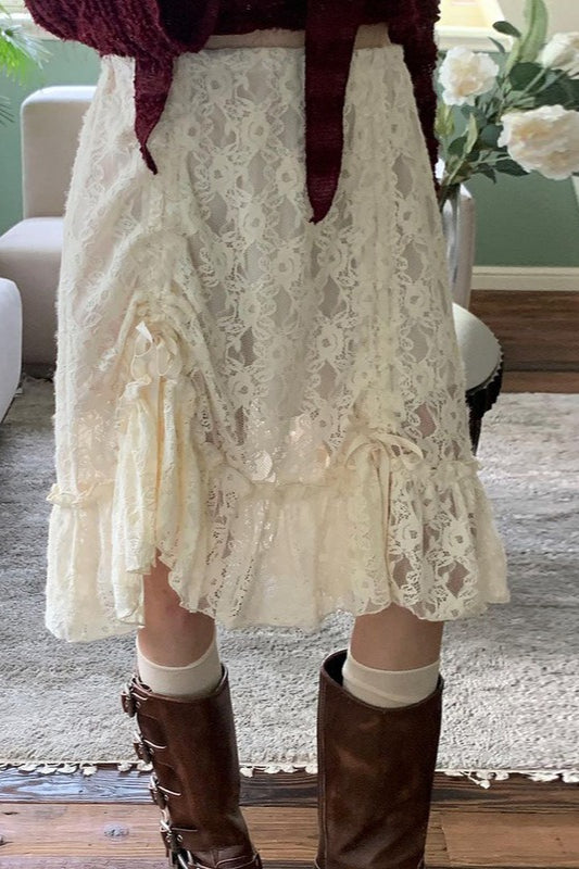 Jupe midi patchwork en dentelle froncée