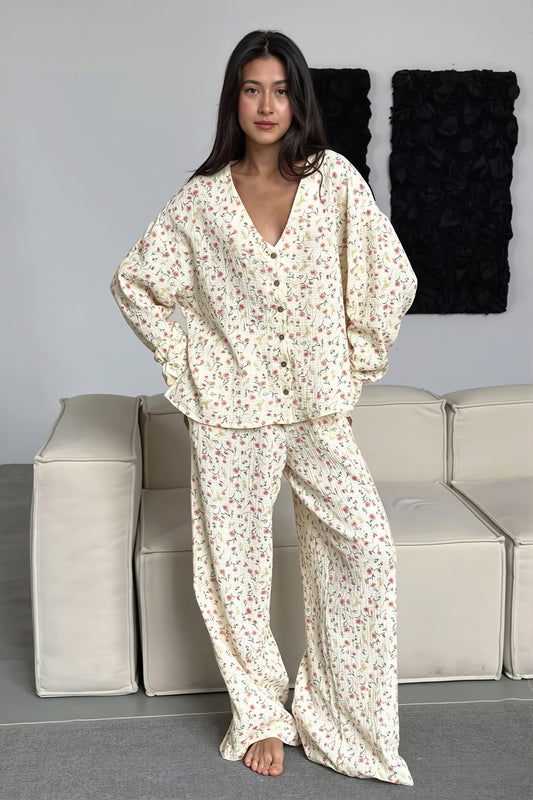 Floral V Neck Casual Pants Set
