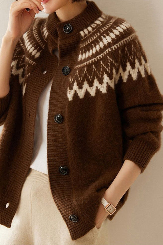 Fair Isle Color Block Geometric Crew Neck Retro Knit Cardigan