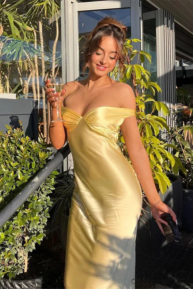 Chic Satin Off Shoulder Open Back Party Dress Yellow / S Christmas Party Dresses-L