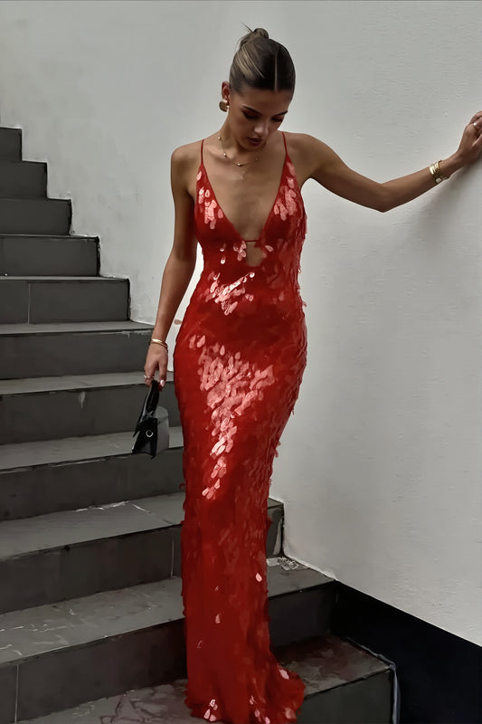 V Neck Sequin Spaghetti Strap Maxi Dress