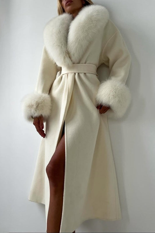 Wool Blend Fur Collar Elegant Solid Loose Overcoat