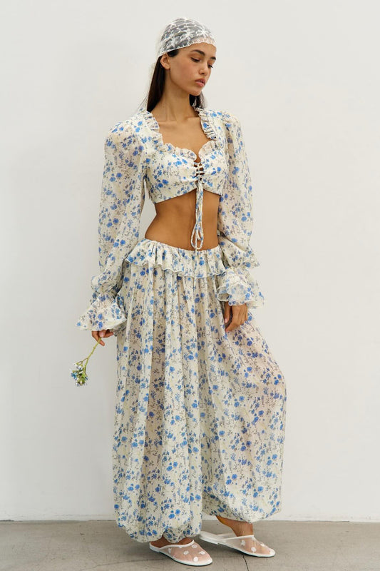 Ensemble deux pièces haut court à volants, col carré, imprimé floral, pantalon de jogging taille basse