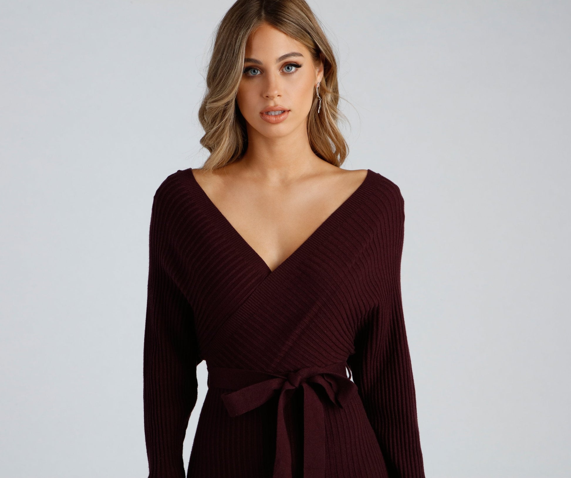 Ribbed Knit Tie-Front Charming Mini Sweater Dress Sweaters-L