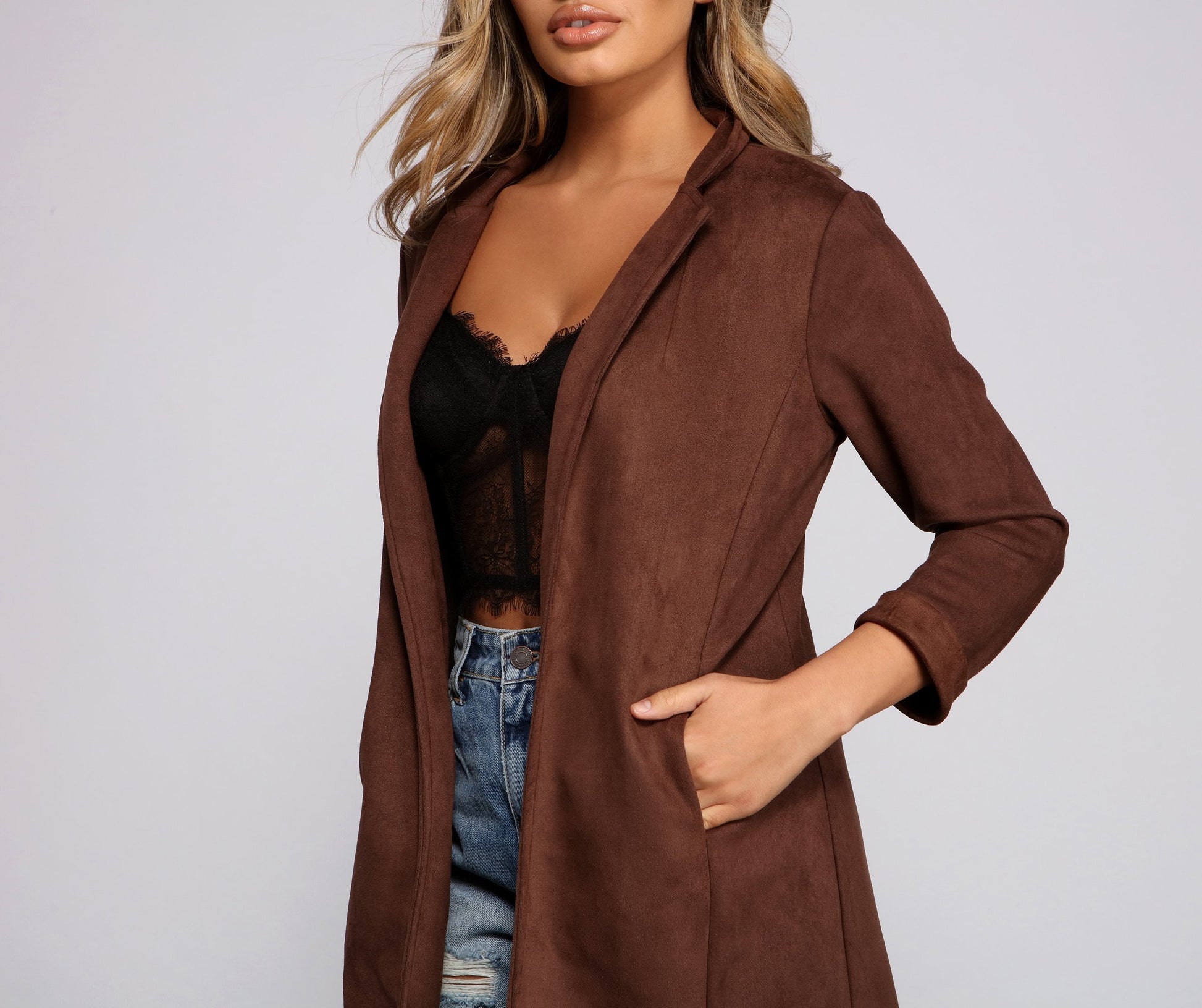 Chic Faux Suede Blazer Casual Woven Jackets