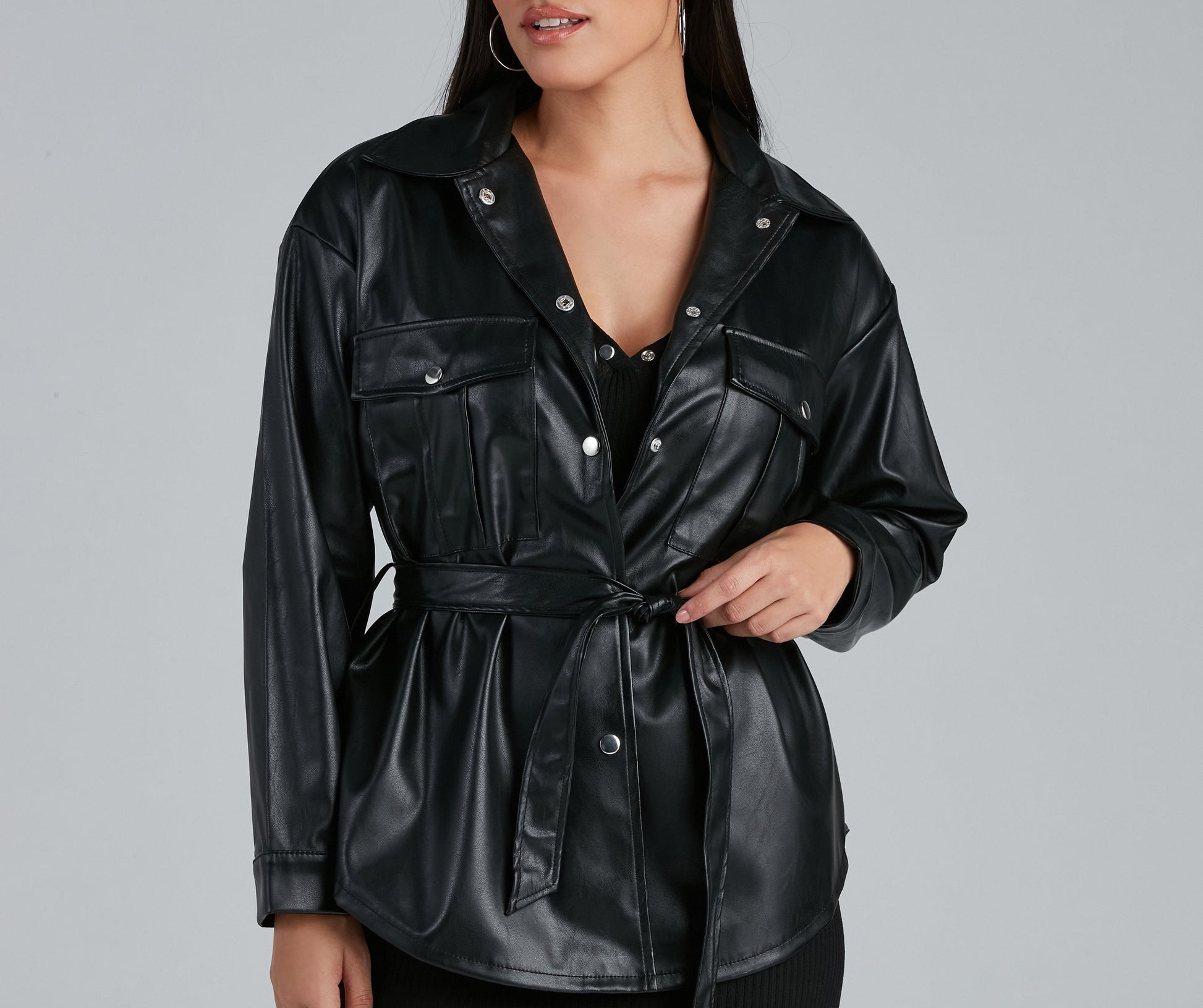 Sleek Trends Faux Leather Tie-Waist Shirt Jacket Casual Woven Jackets