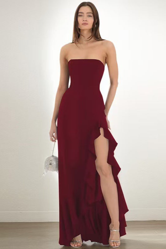 Ruffled Bustier Side Slit Formal Dress