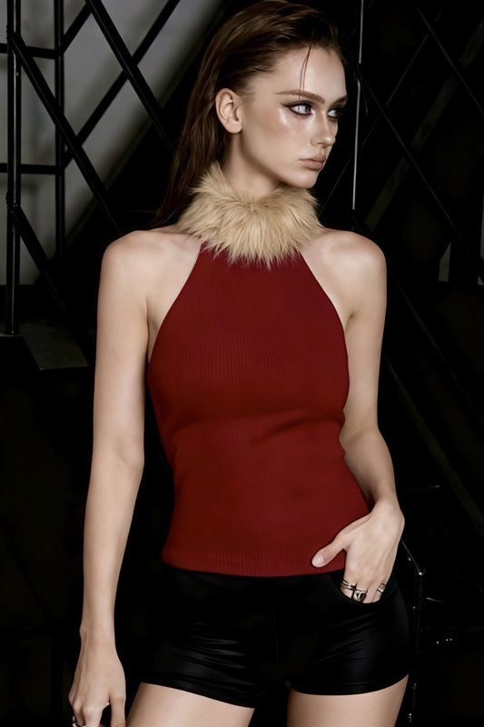 Patchwork Fleece Collar Sleeveless Slim Elegant Tank Top