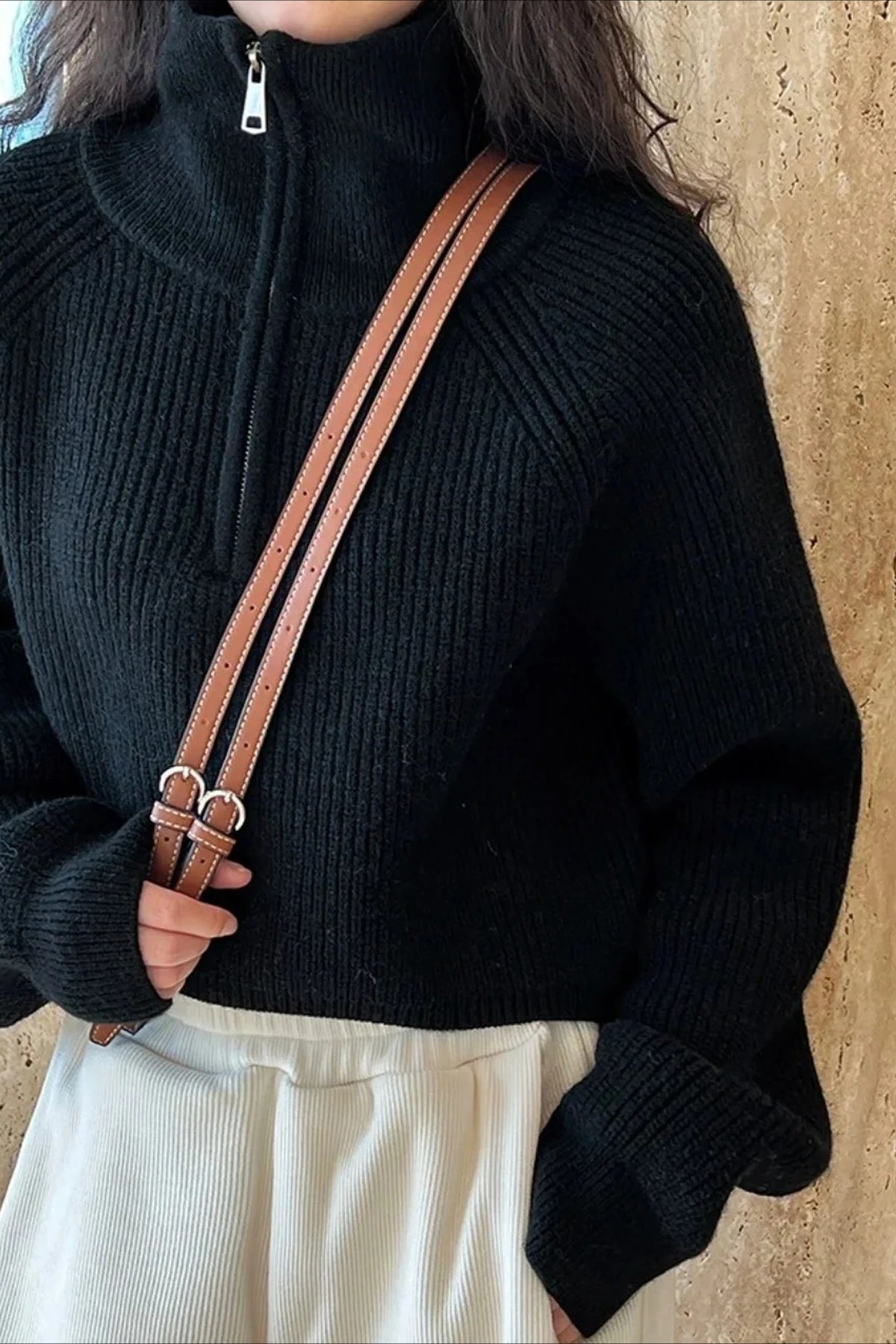 Half Zip Knit Turtleneck Sweater Black / One Size