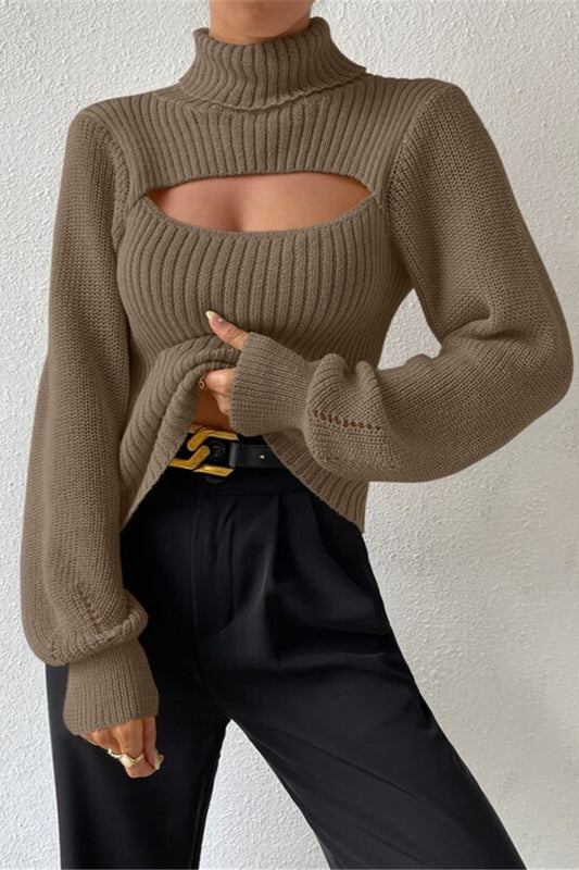 Cutout Turtleneck Balloon Sleeve Knit Sweater